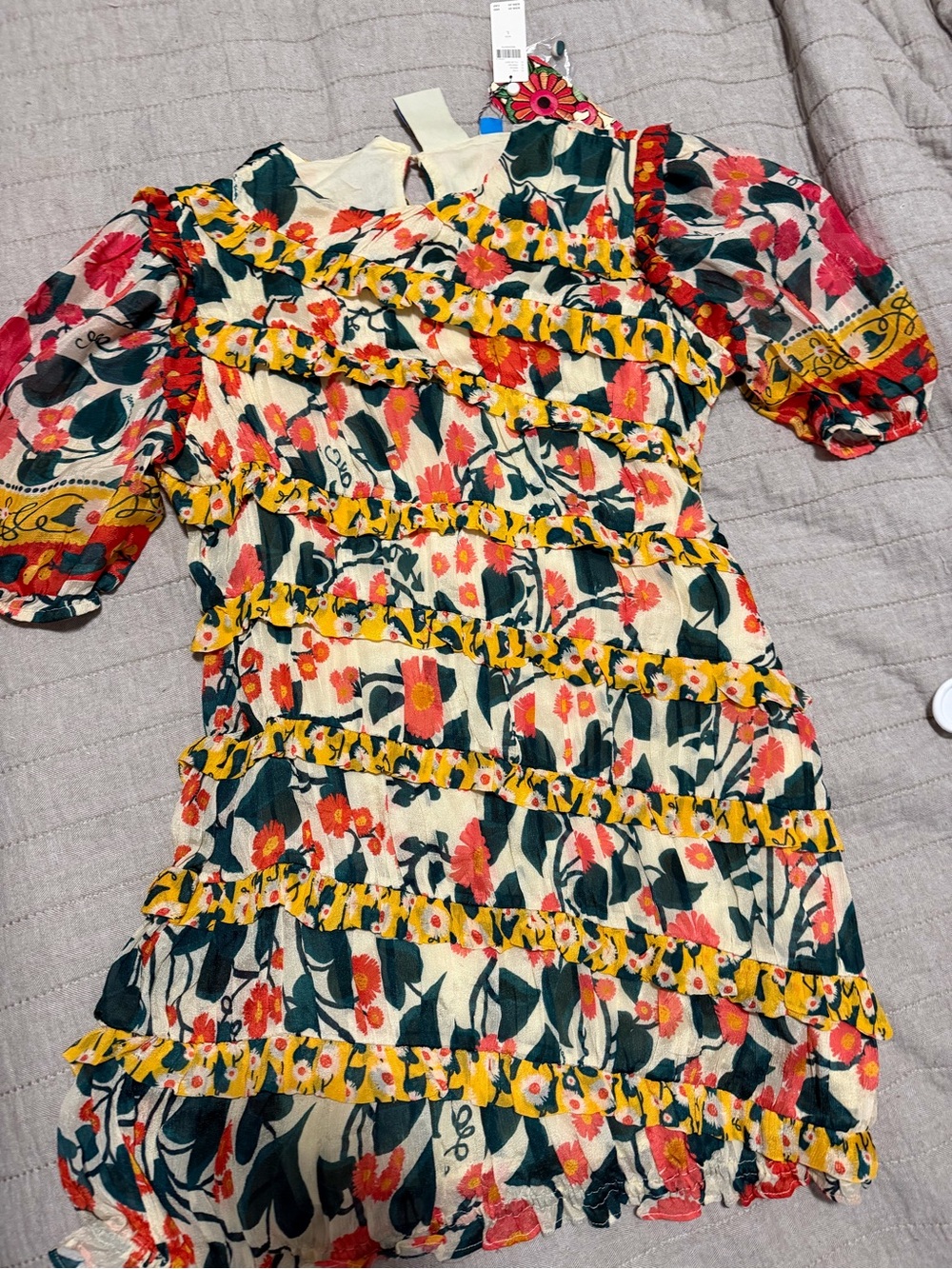 Farm Rio Floral Ruffled Mini Dress in Cream, Pink & Green